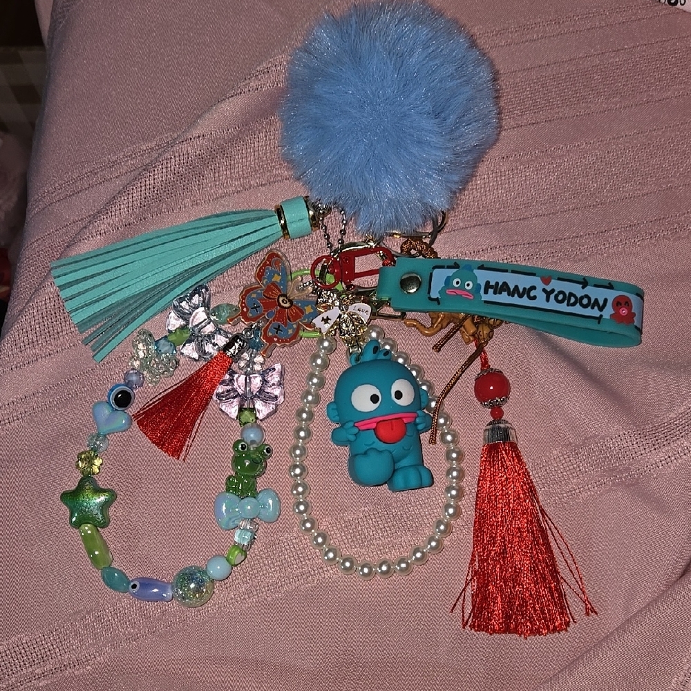 Cute Blue and Red Hangyodon Charm Keychain